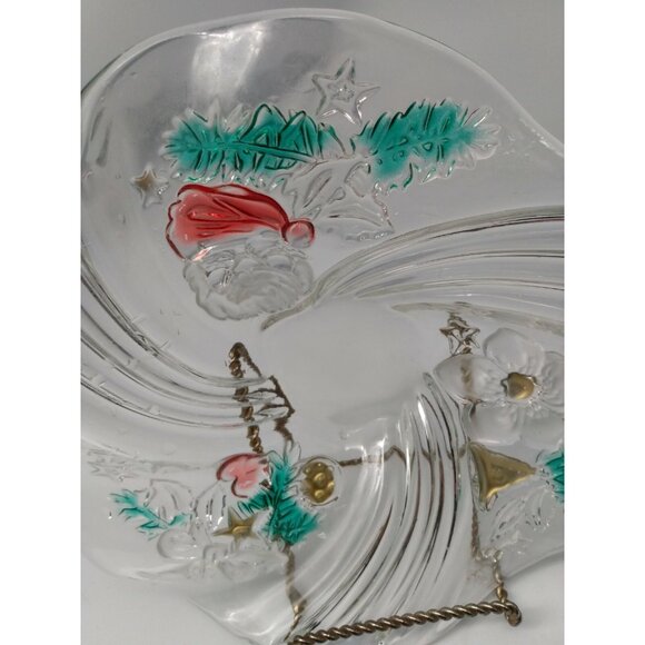 Clear Glass Christmas Candy Bowl/Platter with etched Santa & Florals 9" Diameter - Picture 3 of 11